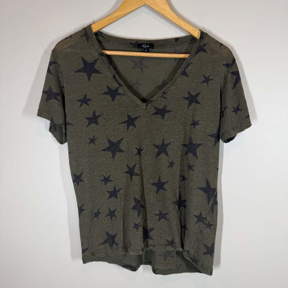 Rails Cara Sage Black Star Print Linen Lyocell V Neck Tee Medium